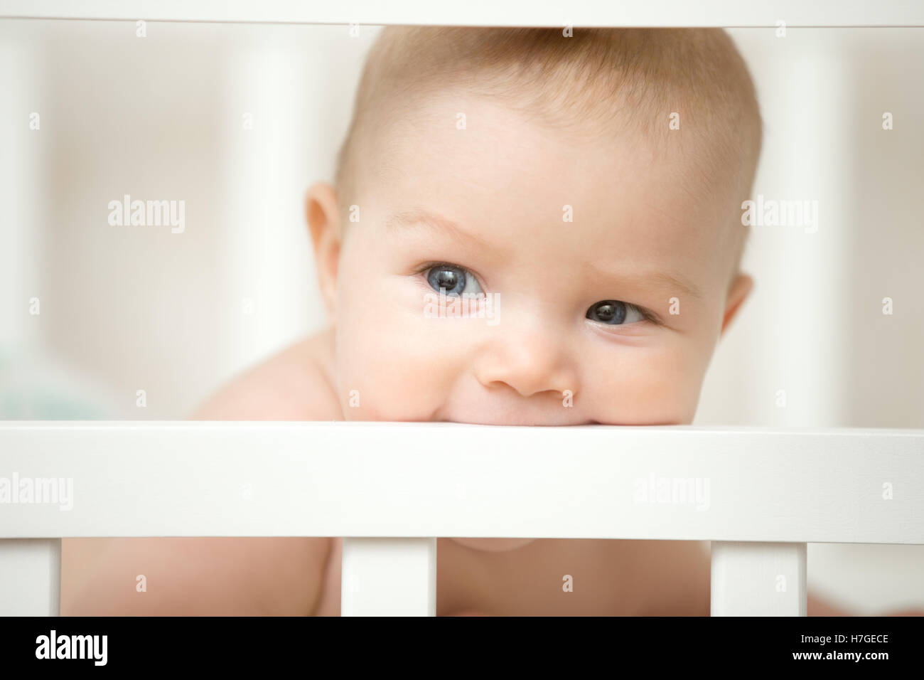 Adorable baby biting the board of his wooden cot Stock Photo Alamy