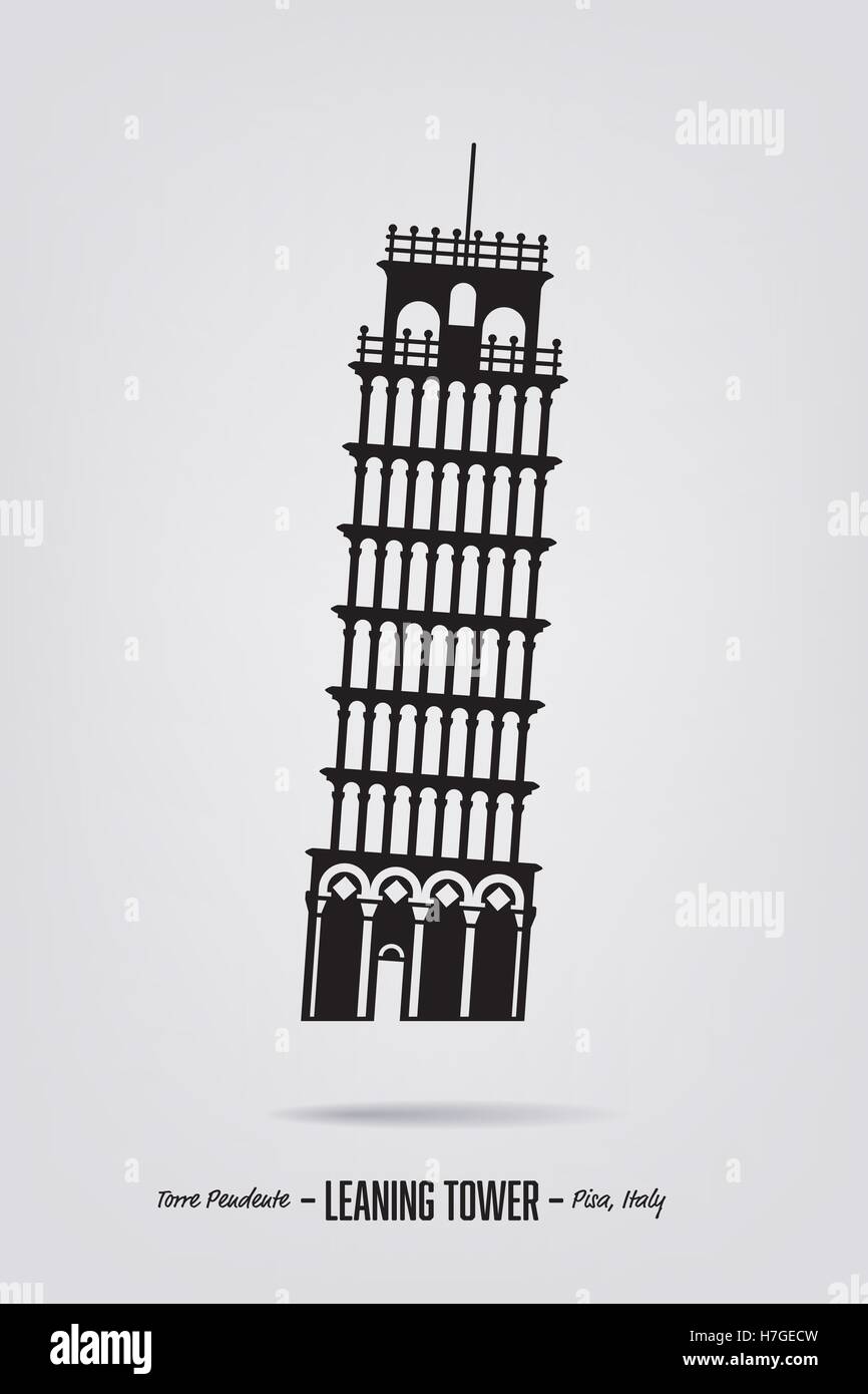 Poster with the silhouette of the leaning tower at Pisa, Italy Stock Vector