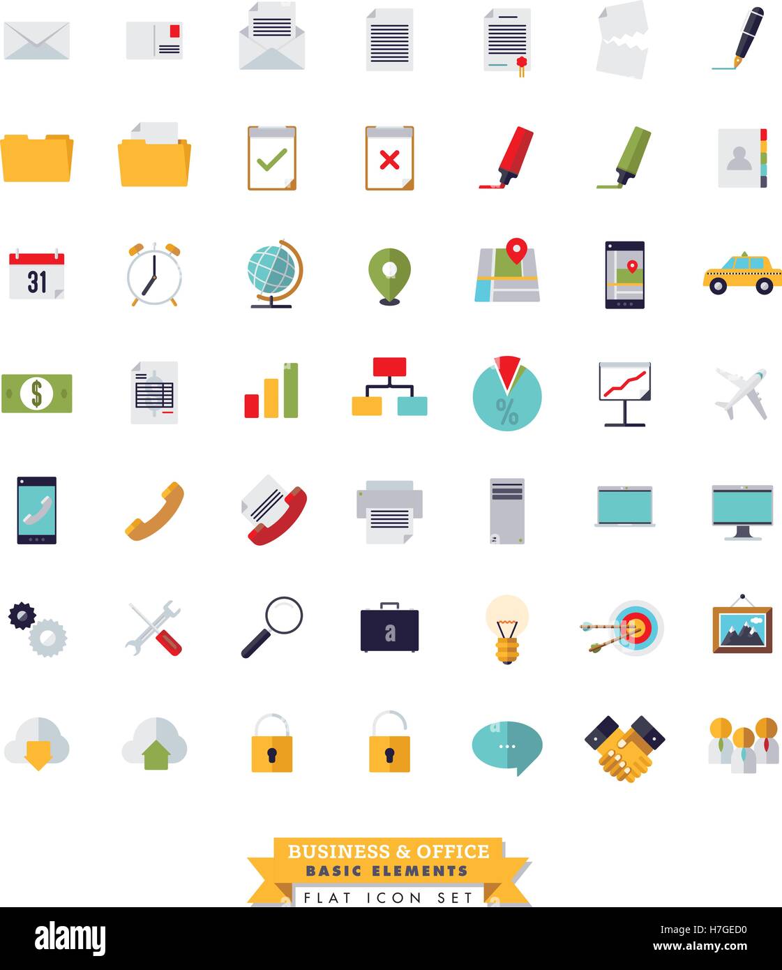 Collection of 49 flat design basic business and office isolated icons Stock Vector