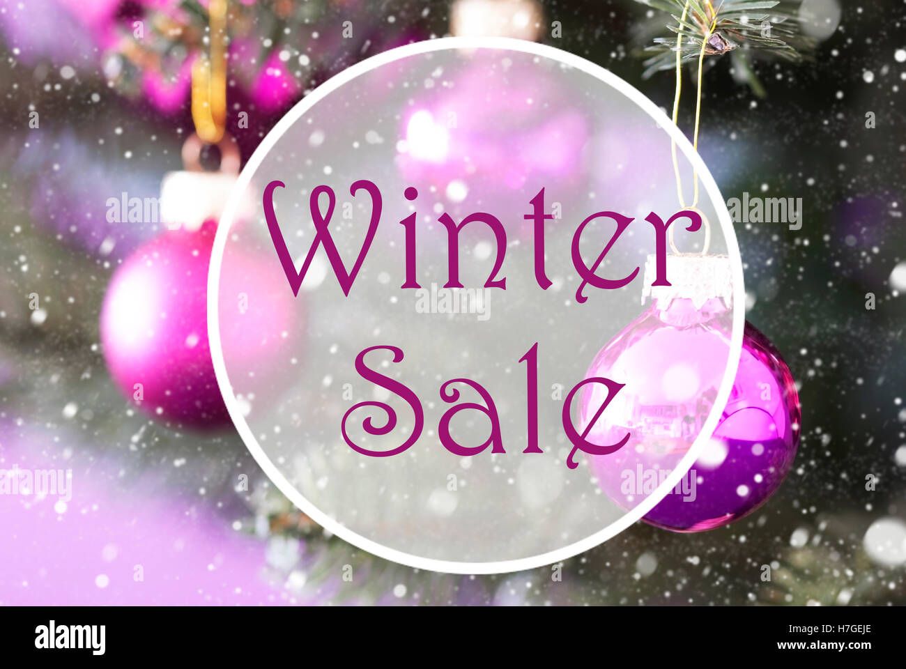 Rose Quartz Christmas Balls, Text Winter Sale Stock Photo