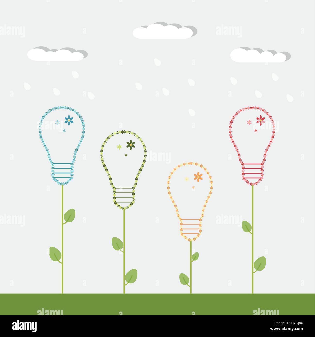 Colorful Light Bulbs, Made Of Flowers. Think Green Concept. Stock Vector