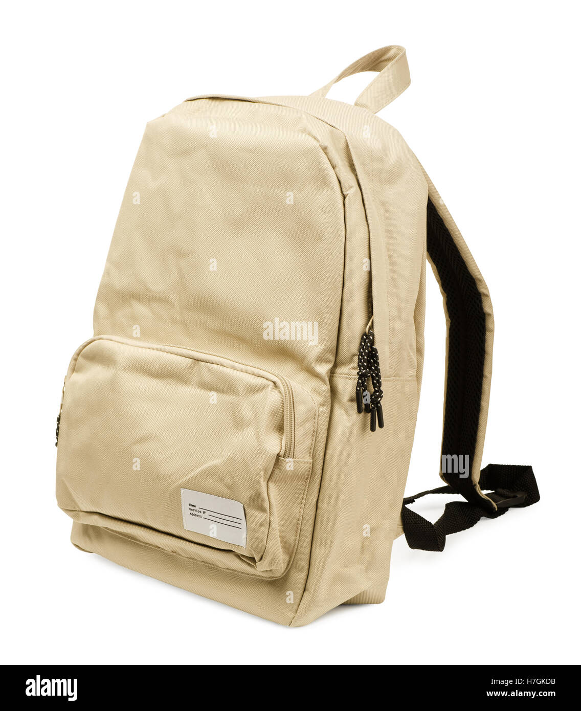 Cream backpack standing isolated on white background Stock Photo Alamy