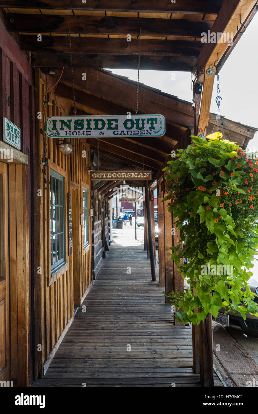 Board walk in store front at a traditional western town Winthrop, Washington, USA. Stock Photo