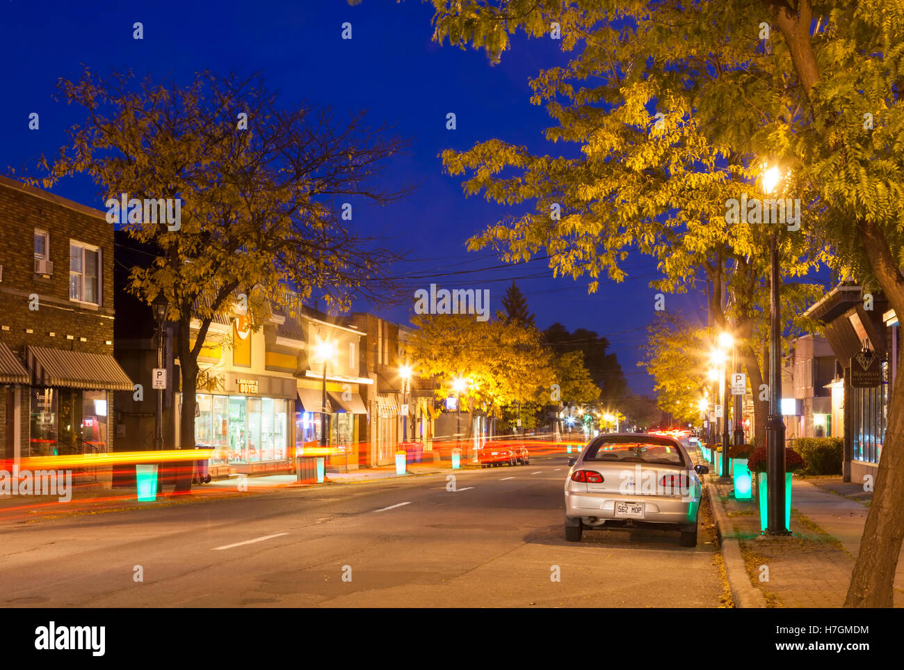 Rue Ellice in downtown Beauharnois at dusk. Beauharnois, Quebec, Canada. Stock Photo