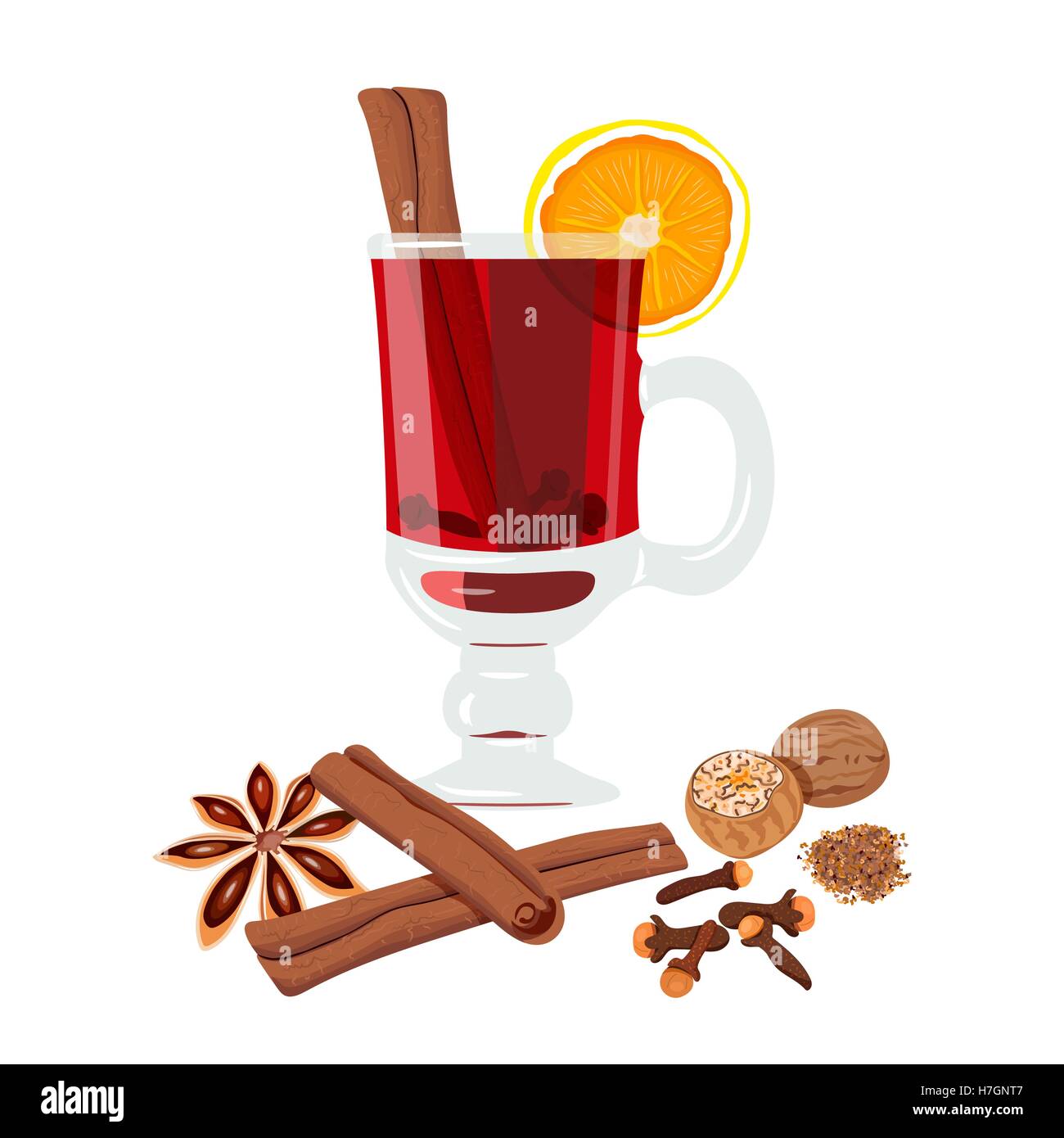 Mulled wine set with glass of drink and ingredients: cinnamon, , citrus, clove, nutmeg, star anise. vector illustration. Known a Stock Vector