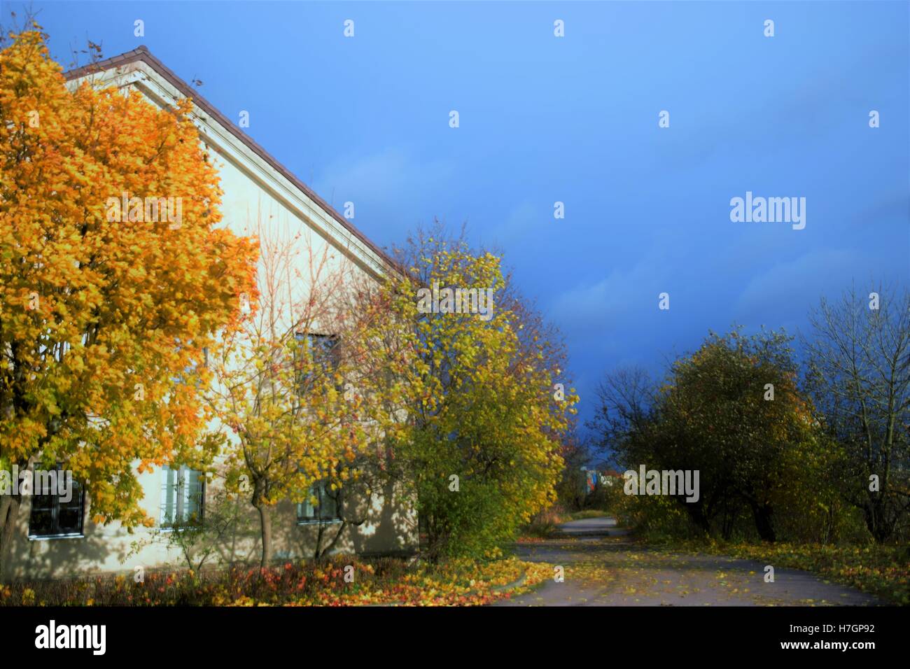 White house in colorful scenery Stock Photo