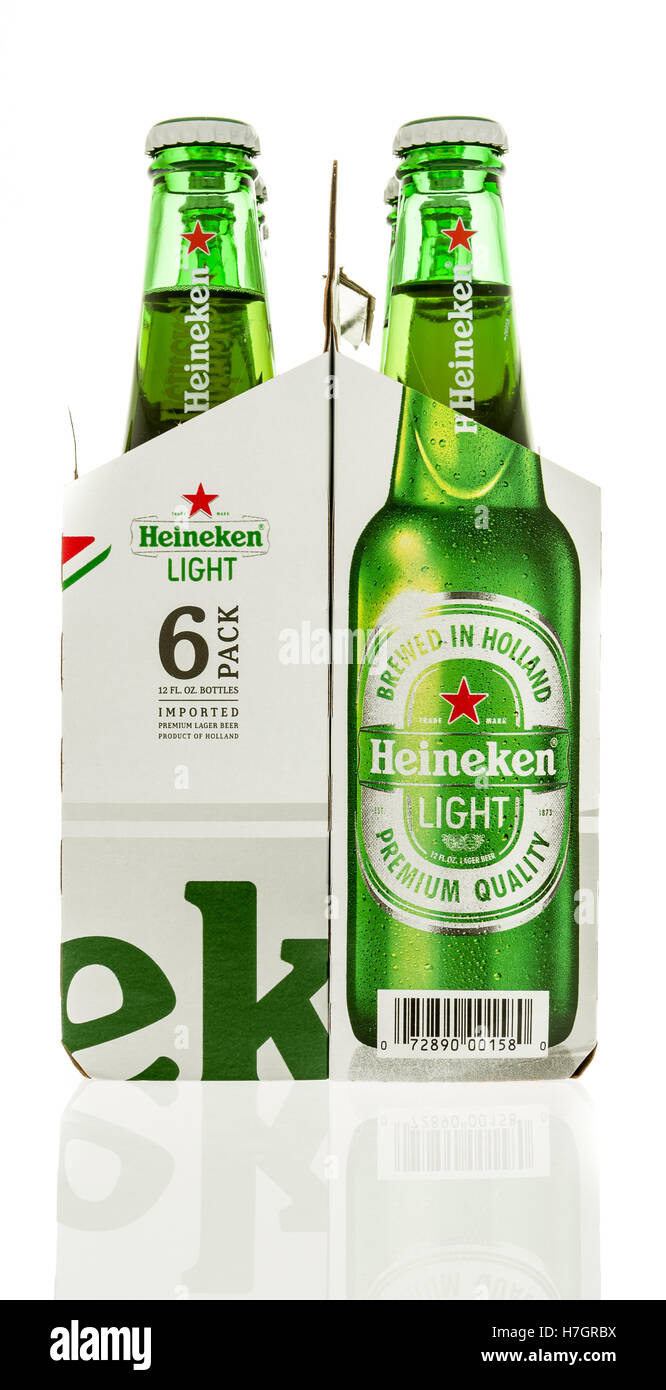 Winneconne, WI - 3 November 2016:  Six pack of Heineken light beer on an isolated background. Stock Photo