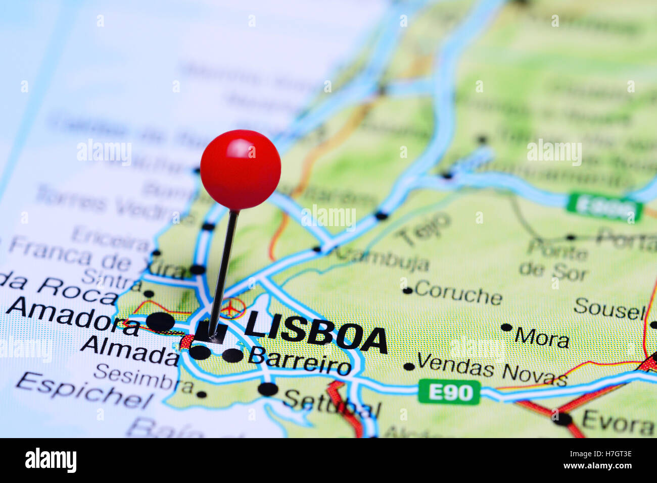Lisbon pinned on a map of Portugal Stock Photo Alamy