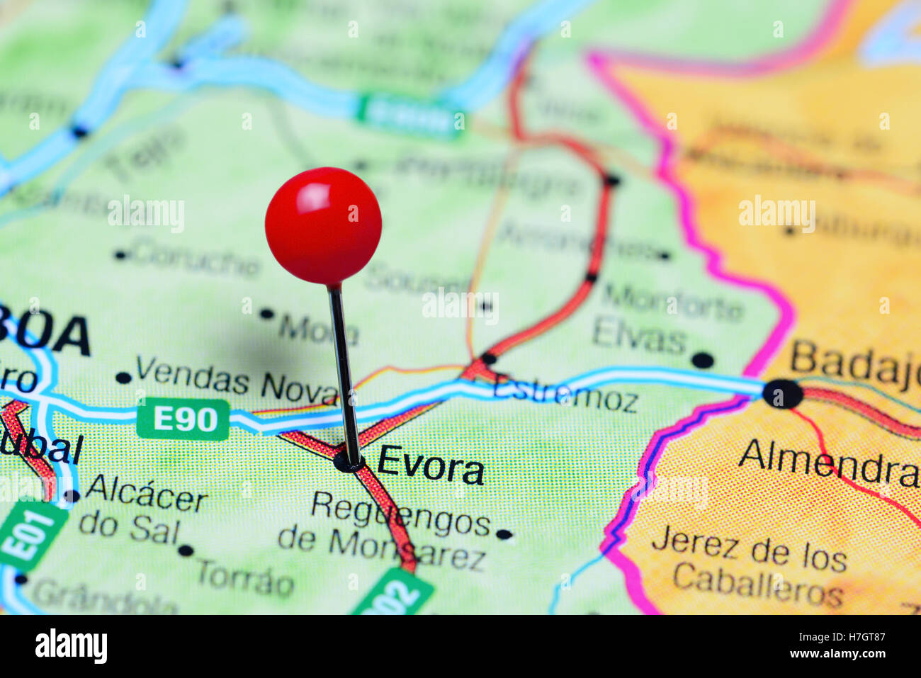 Evora pinned on a map of Portugal Stock Photo