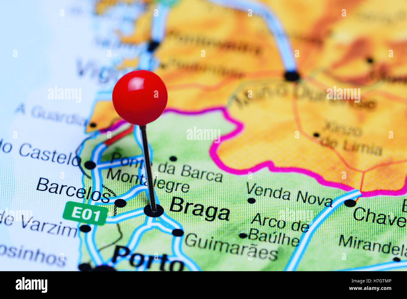 Braga pinned on a map of Portugal Stock Photo