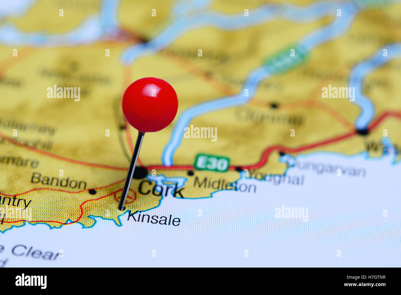 Kinsale pinned on a map of Ireland Stock Photo