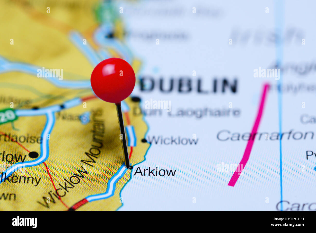 Arklow pinned on a map of Ireland Stock Photo