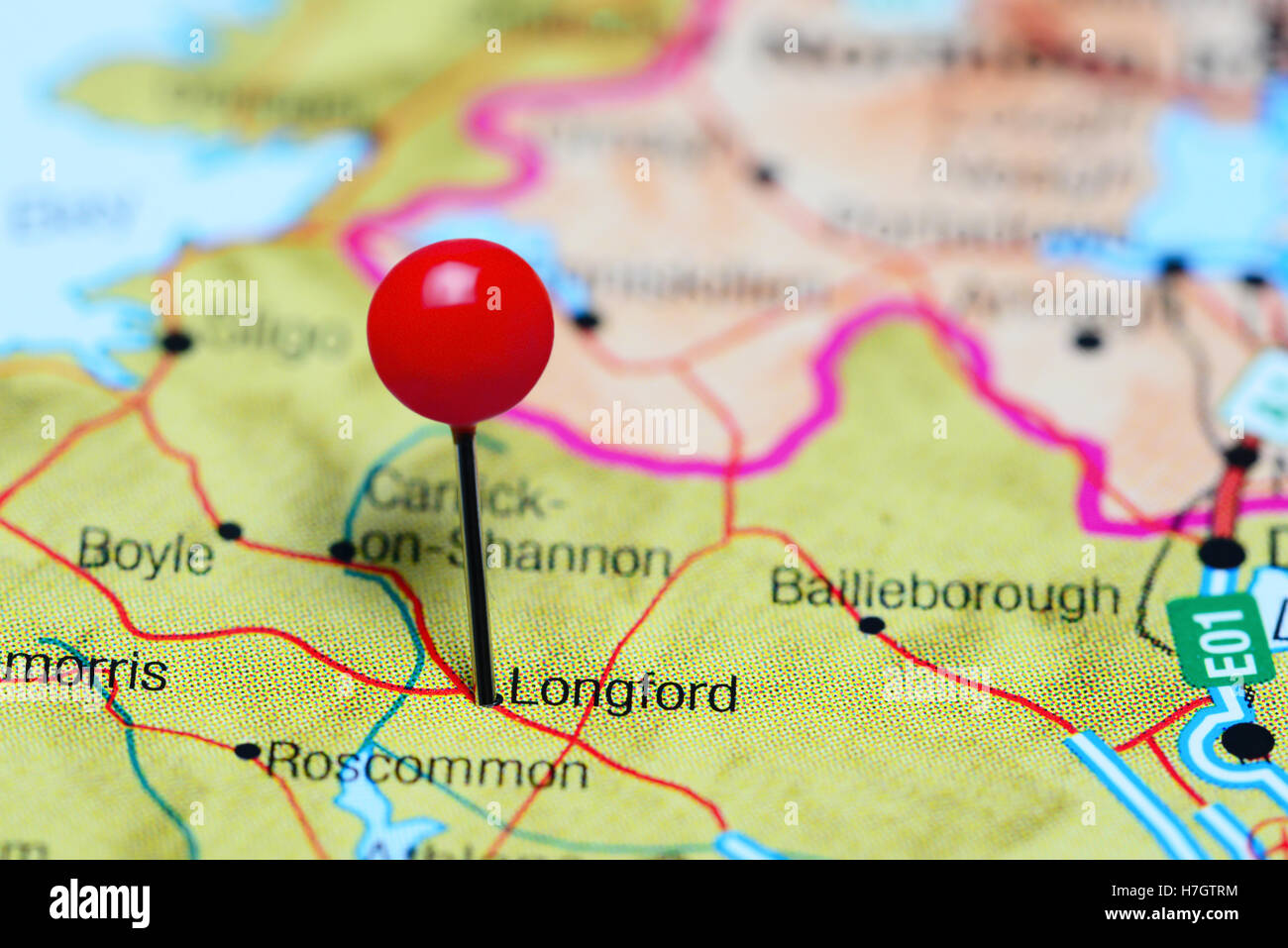 Longford pinned on a map of Ireland Stock Photo