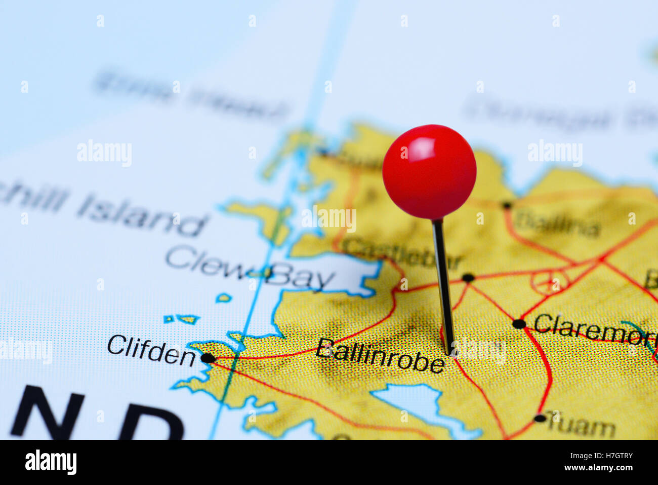 Ballinrobe pinned on a map of Ireland Stock Photo