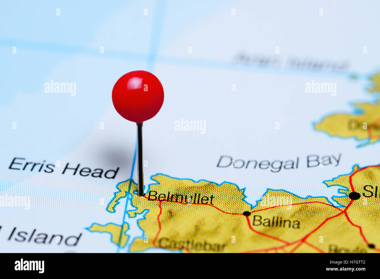 Belmullet pinned on a map of Ireland Stock Photo