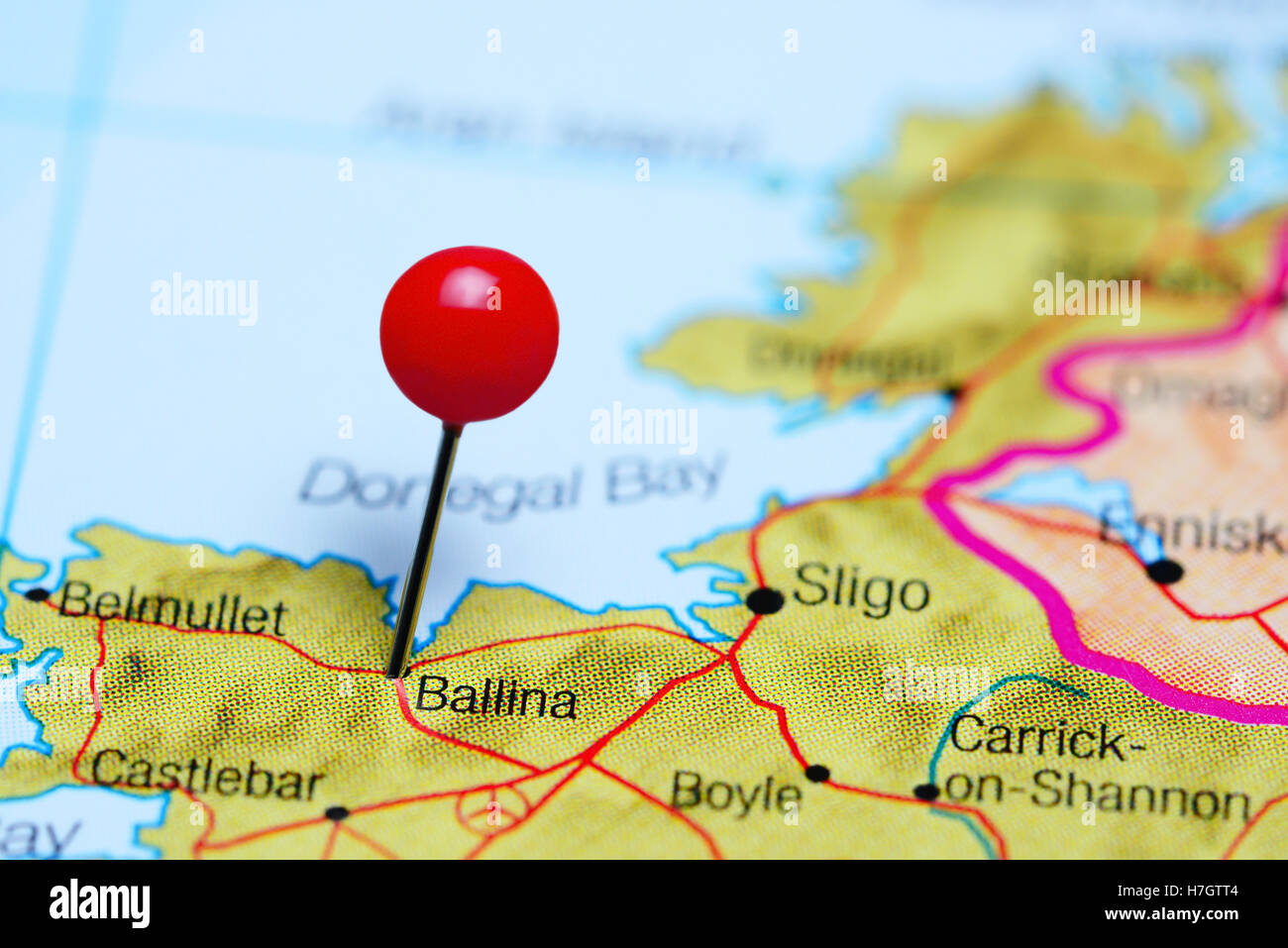 Ballina pinned on a map of Ireland Stock Photo