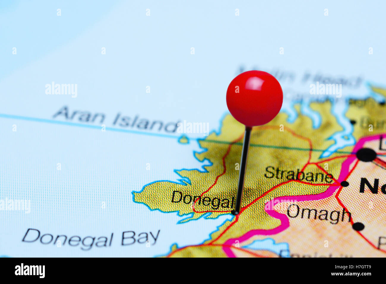 Donegal pinned on a map of Ireland Stock Photo