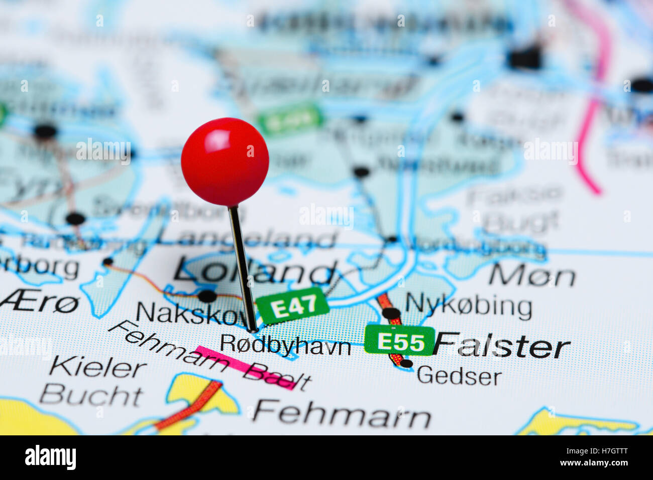 Rodbyhavn pinned on a map of Denmark Stock Photo