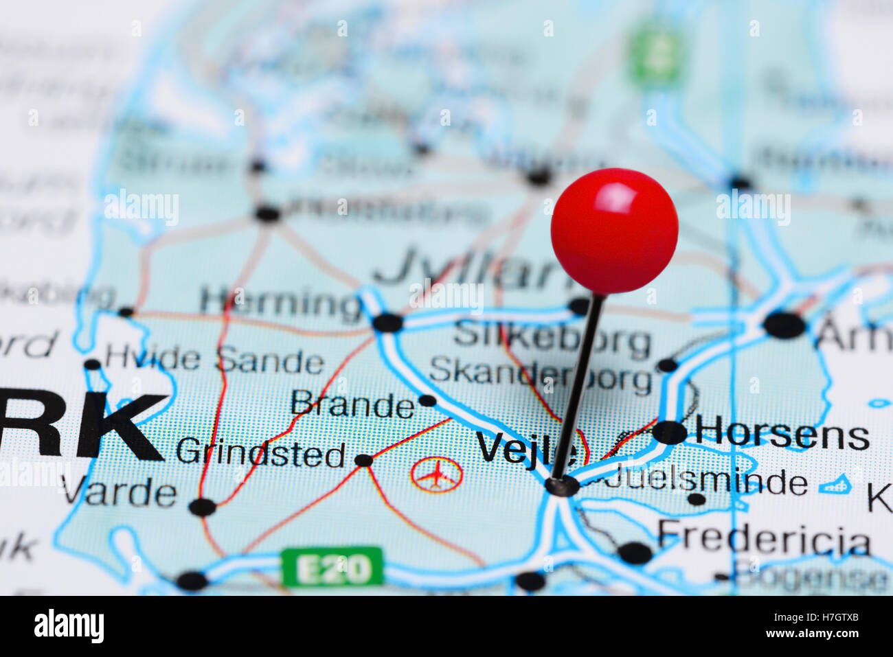 Vejle pinned on a map of Denmark Stock Photo