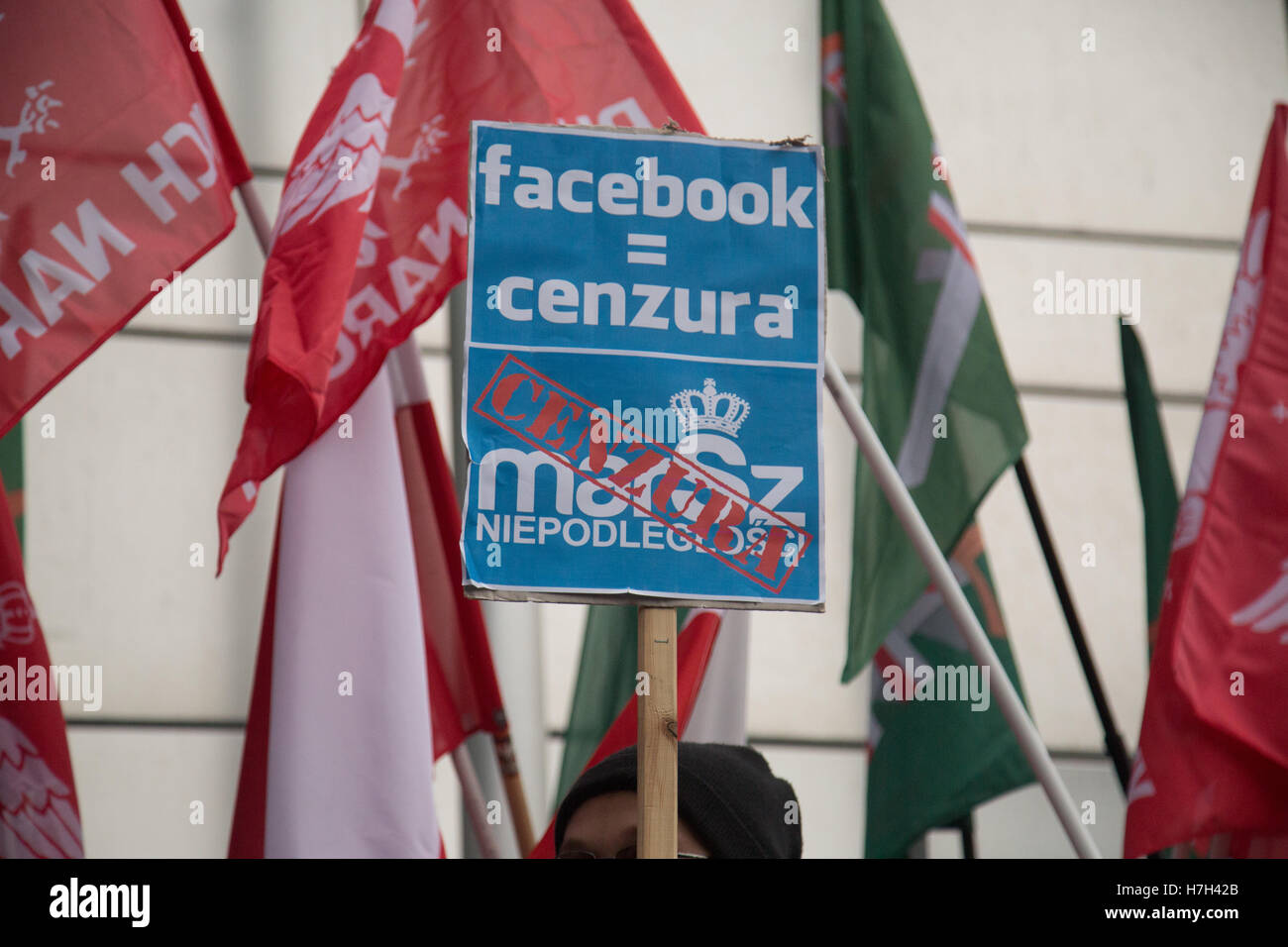 Warsaw, Poland. 05th Nov, 2016. Protest of far-right nationalist groups in front of Facebook's offices after Facebook blocked nationalist organisations' and their members' pages in Warsaw, Poland on 5 November 2016 Credit:  MW/Alamy Live News Stock Photo