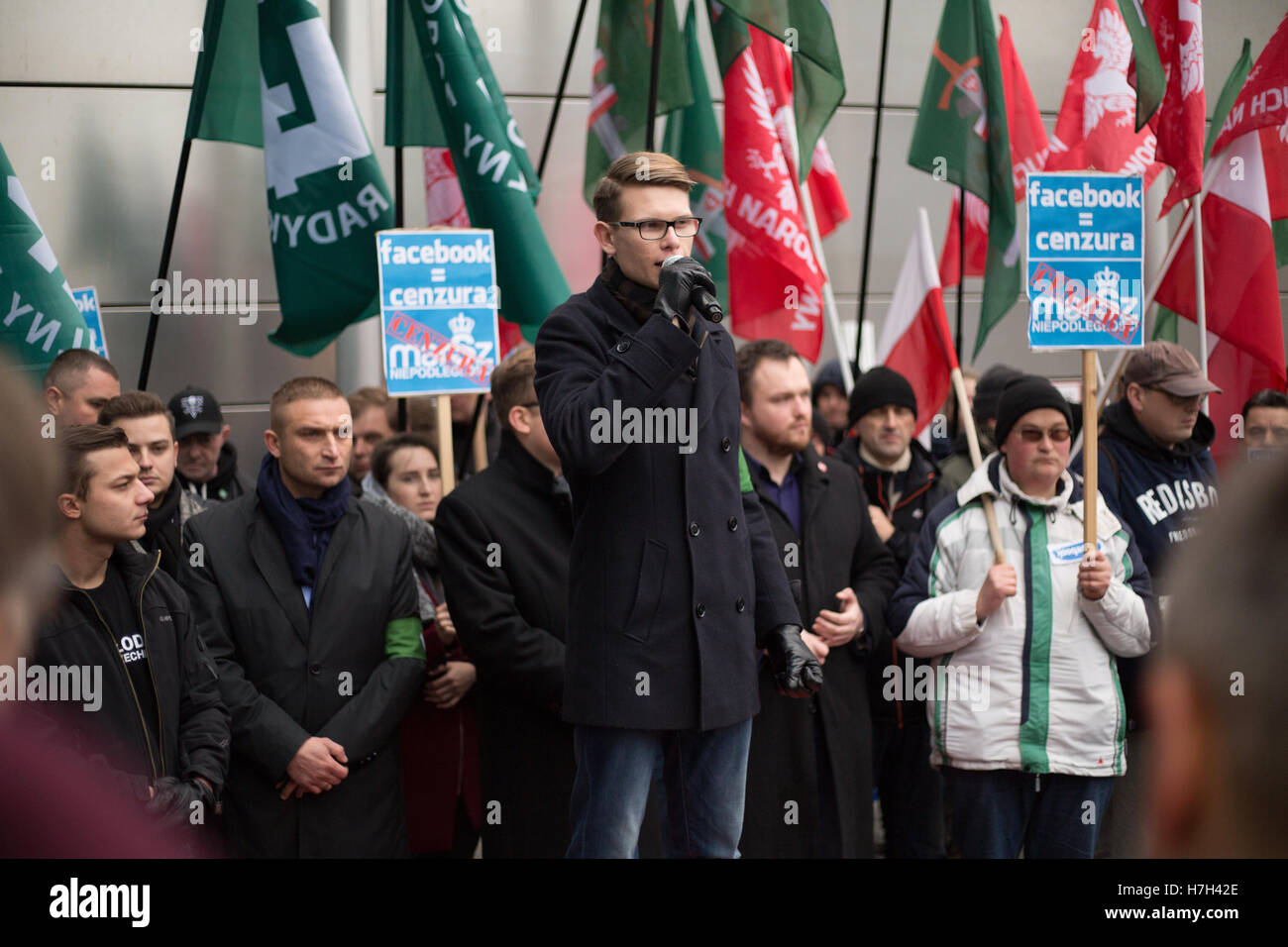 Warsaw, Poland. 05th Nov, 2016. Protest of far-right nationalist groups in front of Facebook's offices after Facebook blocked nationalist organisations' and their members' pages in Warsaw, Poland on 5 November 2016 Credit:  MW/Alamy Live News Stock Photo
