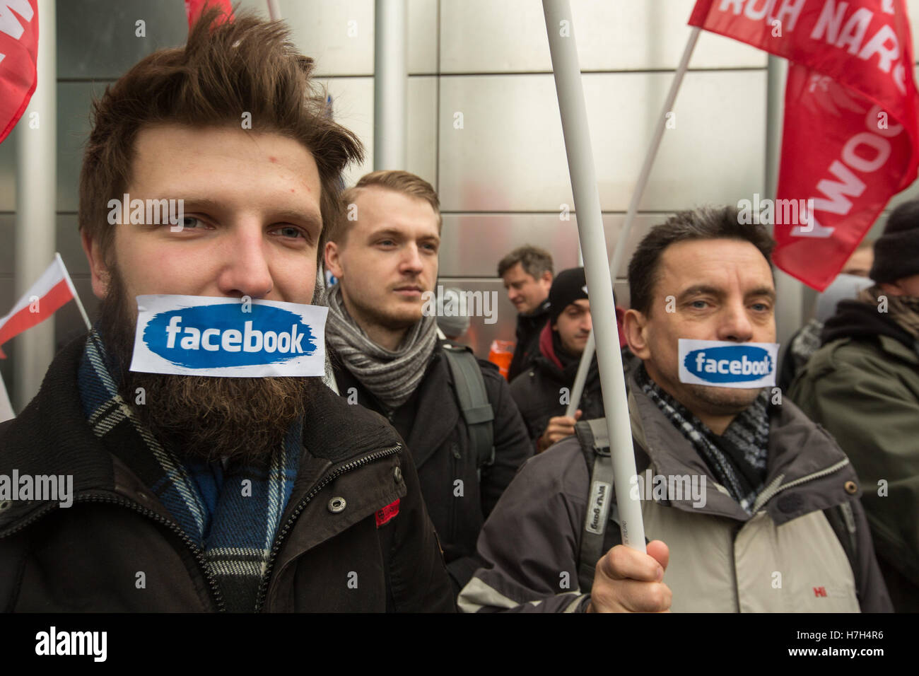 Warsaw, Poland. 05th Nov, 2016. On 5. November 2016 Nationalists from ONR (Oboz Narodowy Radikalny) and other groups protest in Polands capital Warsaw in front of Facebooks office against alledged censorship of nationalists accounts and pages on facebook - NO WIRE SERVICE- Credit:  dpa/Alamy Live News Stock Photo