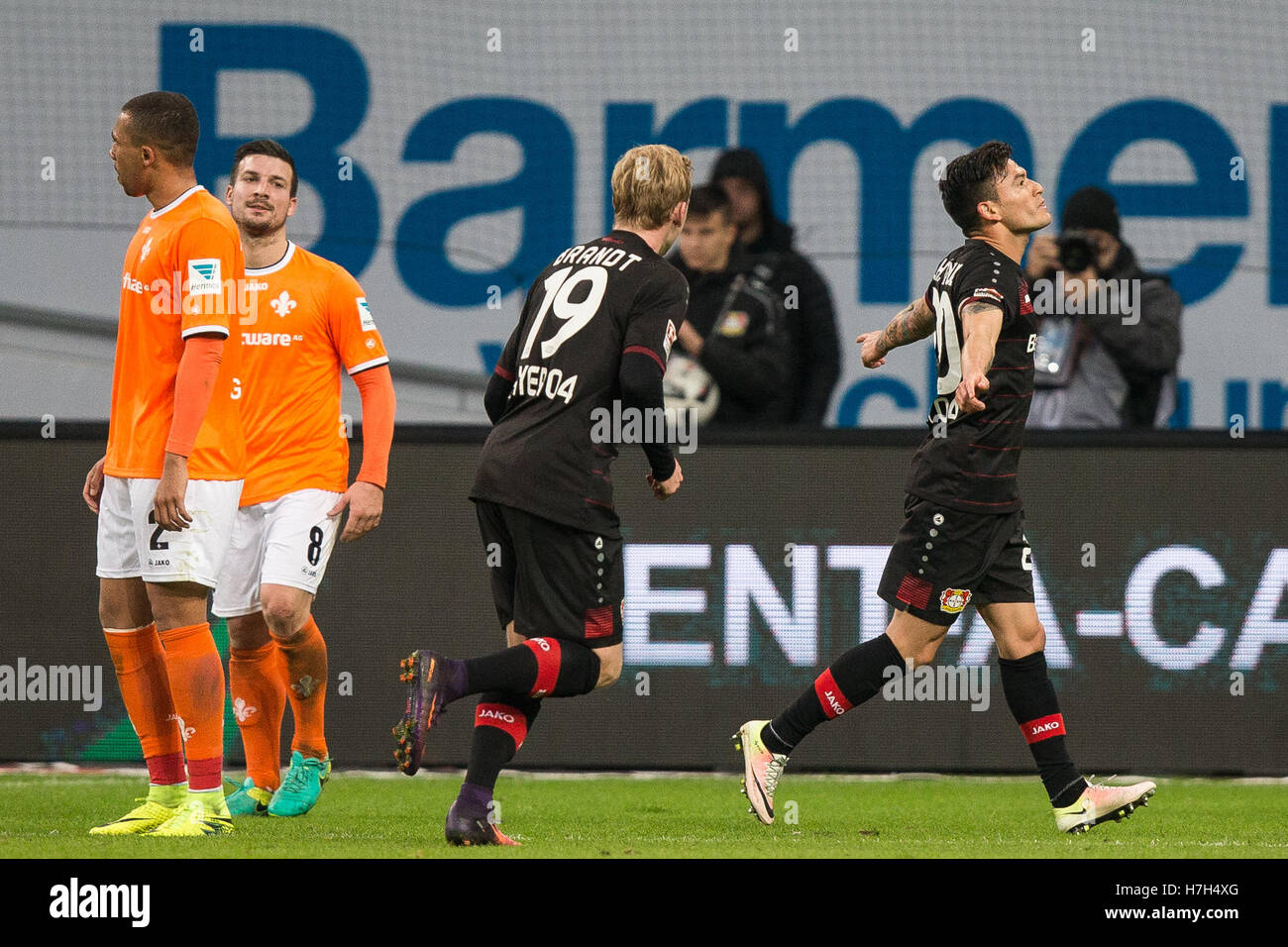 Leverkusen, Germany. 5th Nov, 2016. Goal scorer Charles Aranguiz from