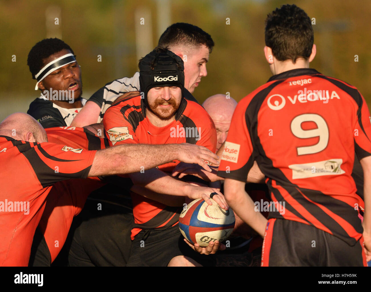 Manchester, UK. 5th Nov, 2016. Action from the South Lancashire/Cheshire Division 1 match between Broughton Park, in black, and Oswestrys, in red. Broughton Park win 62-0, after leading 22-0 at half-time to move into second place and keep Oswestry in bottom place. Credit:  John Fryer/Alamy Live News Stock Photo