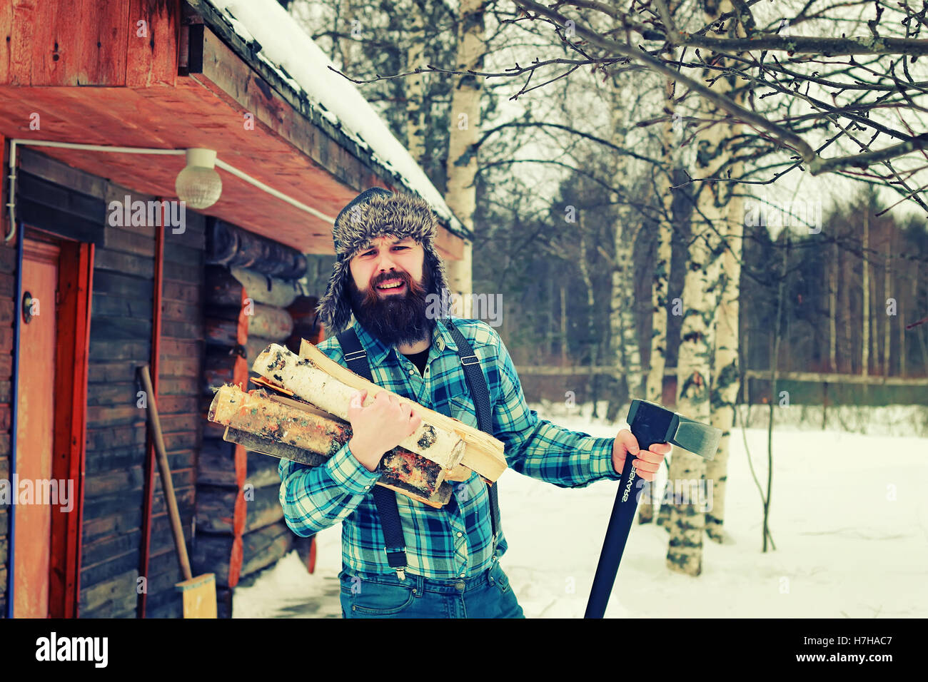 winter man axe wood Stock Photo - Alamy