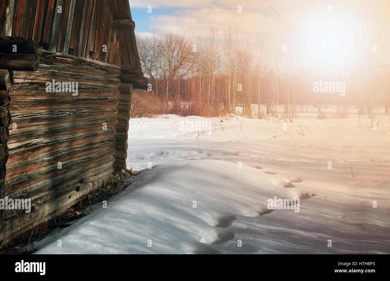sunny landscape winter log house wal Stock Photo - Alamy