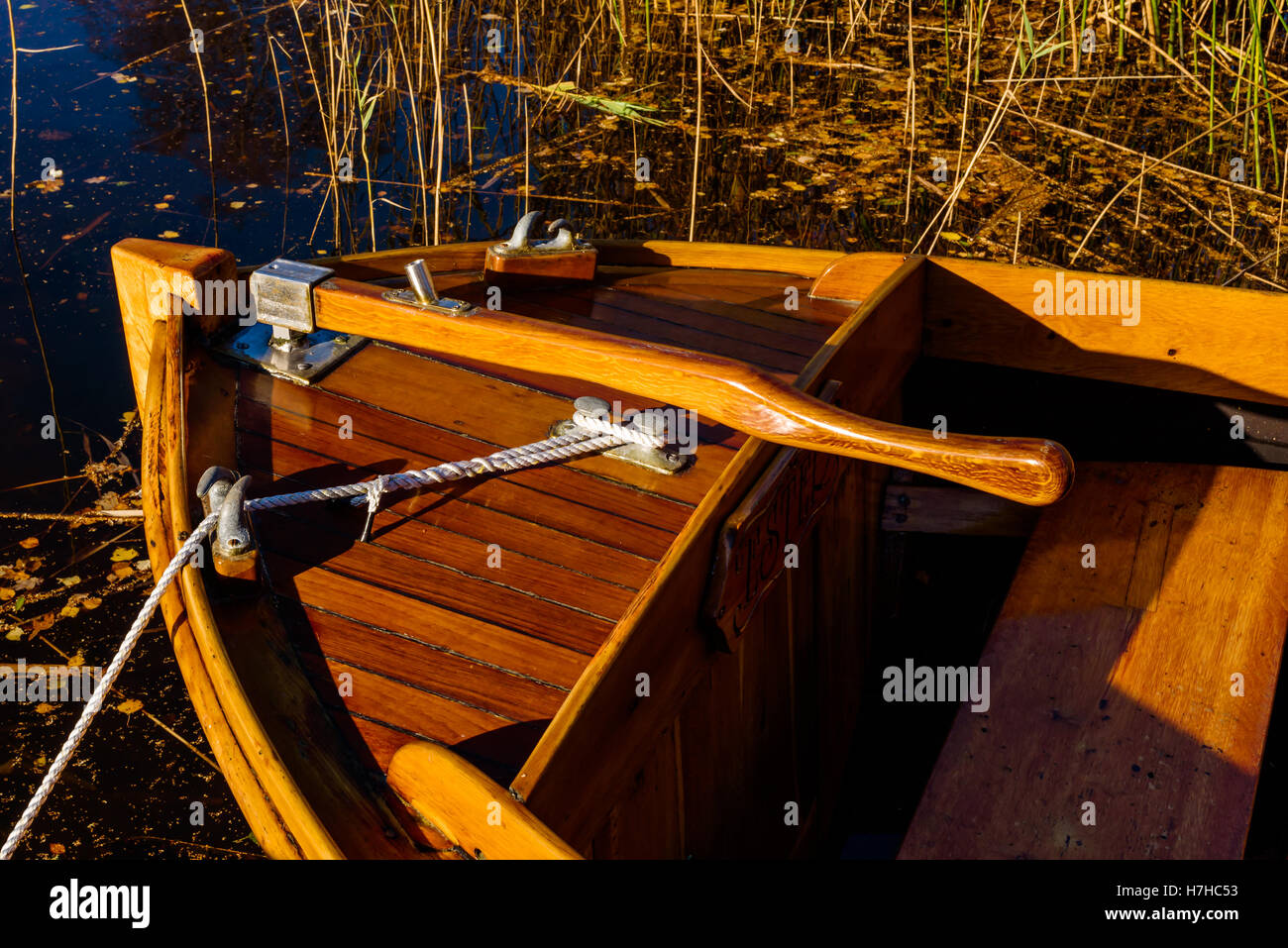 Vieryd, Sweden - October 29, 2016: Documentary of coastal lifestyle. Detail of rudder and aft part of handmade motorboat. Stock Photo