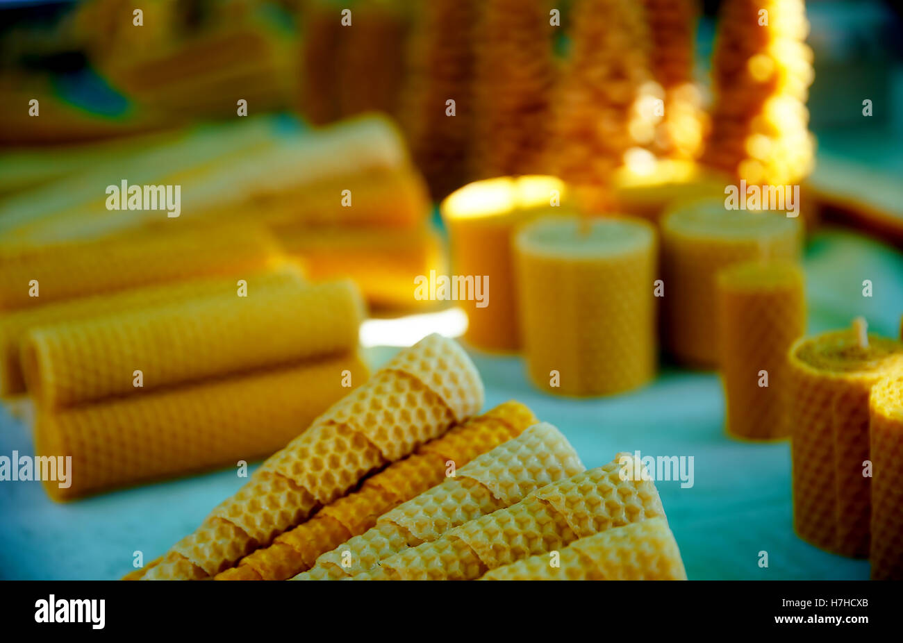 set of wax candles of different shapes and structures Stock Photo Alamy