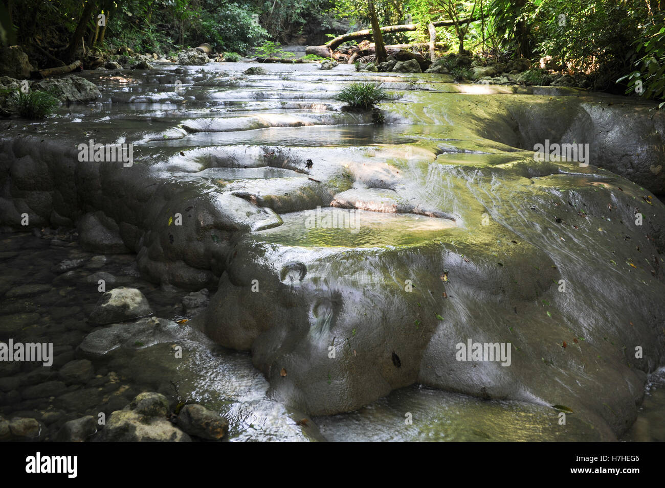 Waterfalls of siete altares on the forest at Livingston on Guatemala Stock Photo