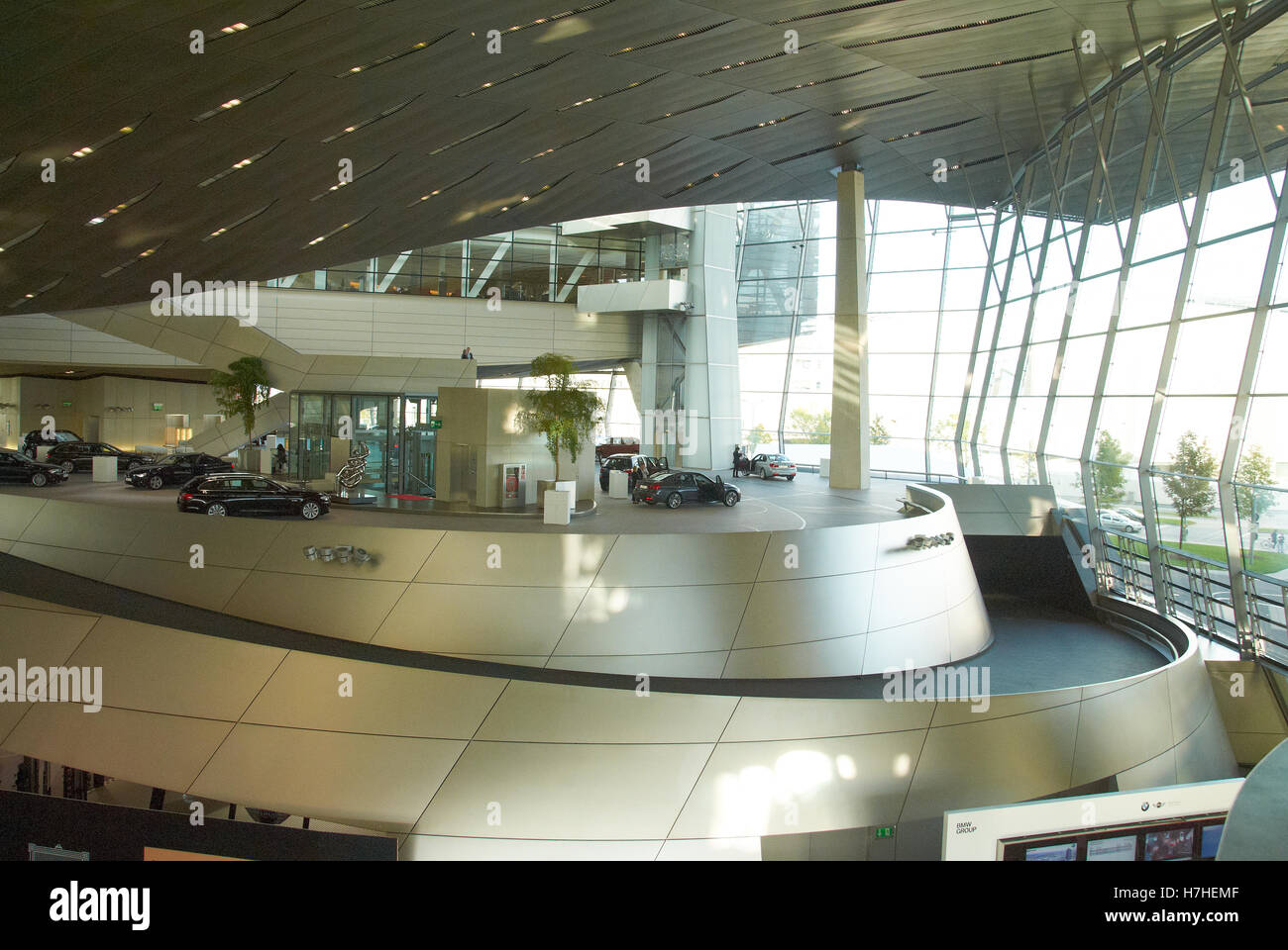 Inside the BMW car showroom located by the manufacturing  plant in Munich Stock Photo
