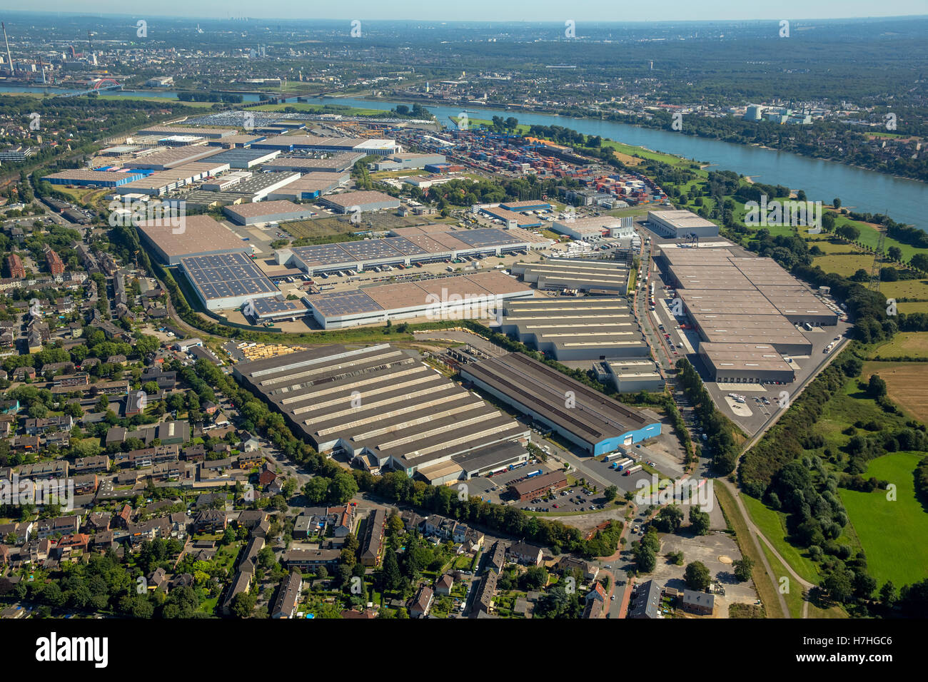 Aerial view, Duisburg-Rheinhausen Villenkolonie Bliersheim on the grounds of the Port of Duisburg AG Logport I, Duisburg, Ruhr Stock Photo