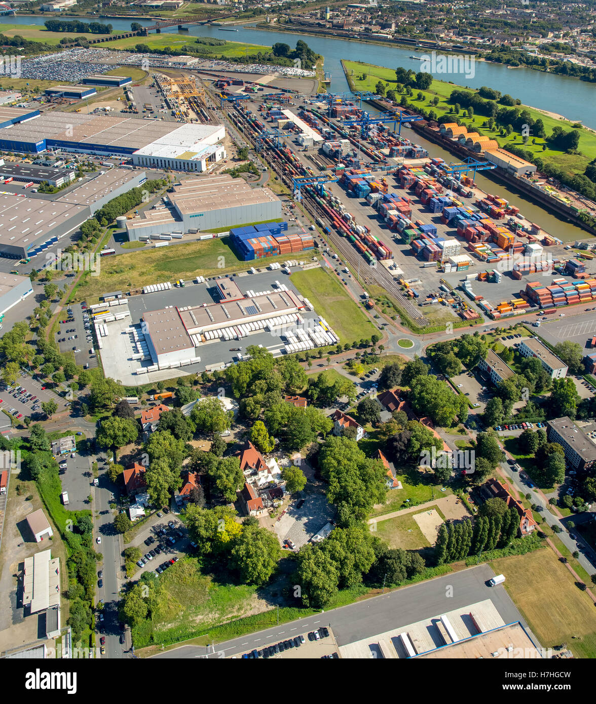 Aerial view, Duisburg-Rheinhausen Villenkolonie Bliersheim on the grounds of the Port of Duisburg AG Logport I, Duisburg, Ruhr Stock Photo