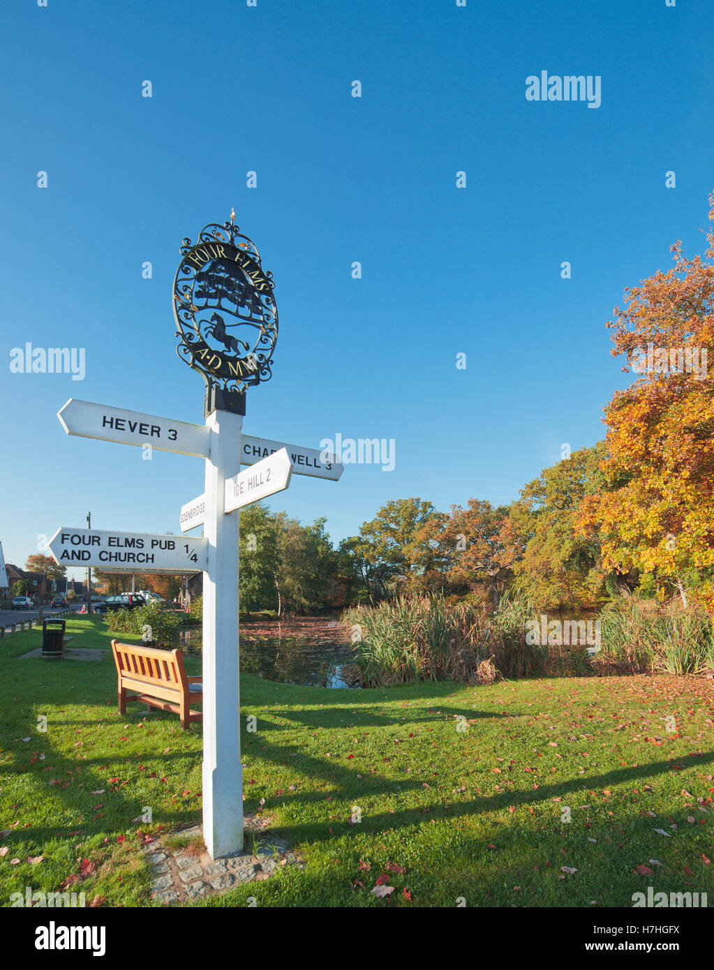 Four Elms village sign and pond Stock Photo Alamy