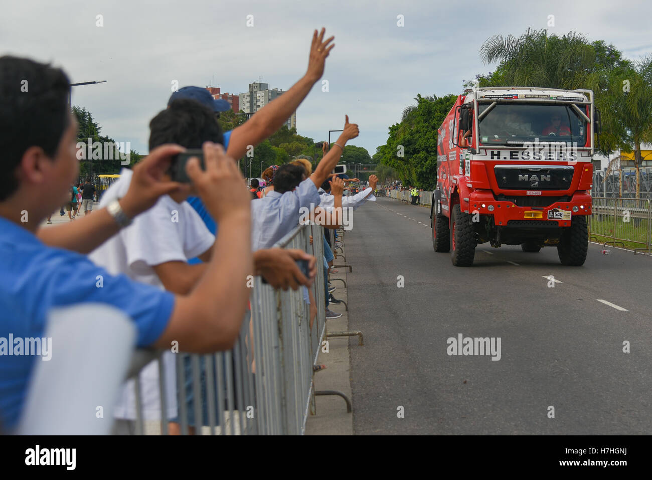TGA MAN driver Noel Essers, co-driver Johan Cooninx and Marc Lauwers the symbolic start of the Dakar Rally 2016 in Buenos Aires. Stock Photo