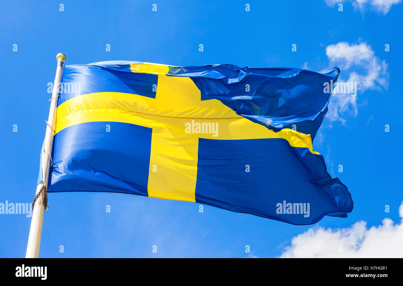 Swedish flag blue with yellow cross waving in the wind against a blue ...