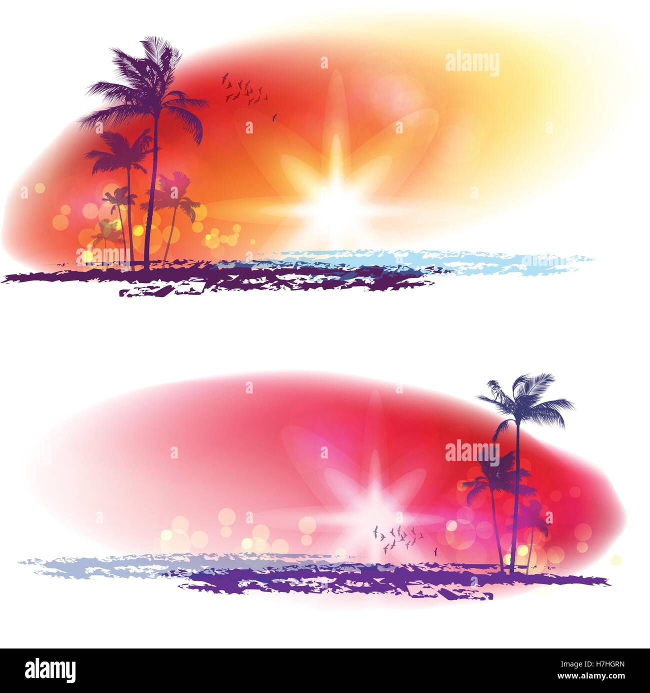 Palm trees at tropical sunset, header set Stock Vector