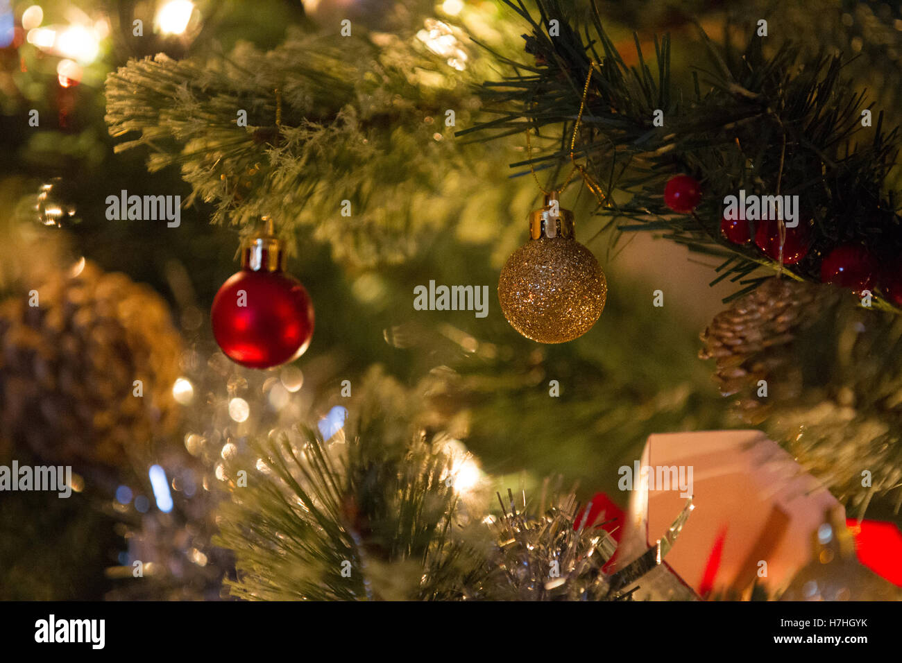 gold and red coloured baubles hanging on a Christmas tree Stock Photo