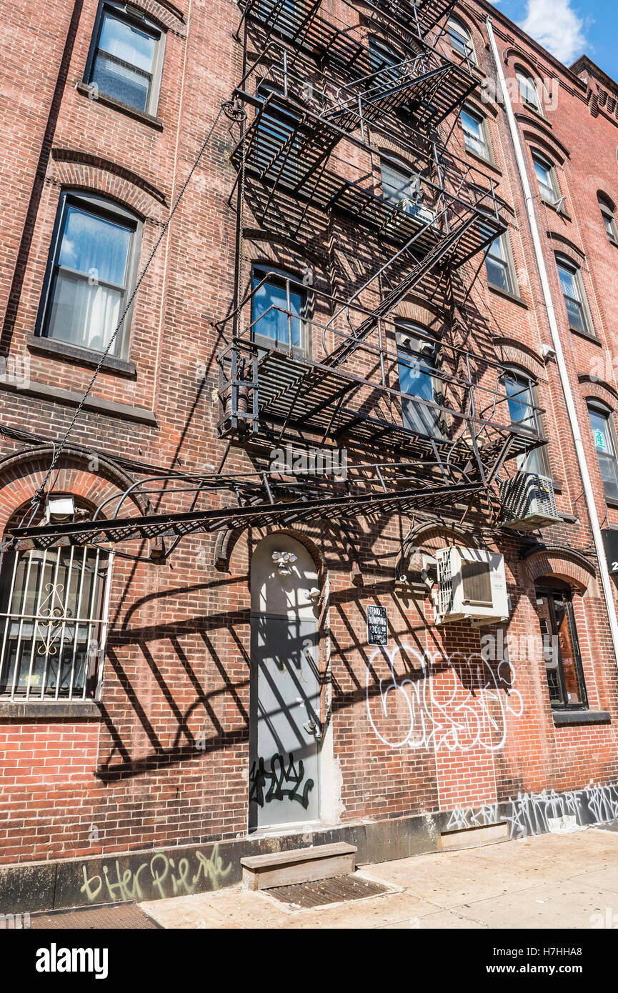 Apartment building, with external fire escape stairs, Philadelphia, Pennsylvania, USA Stock Photo