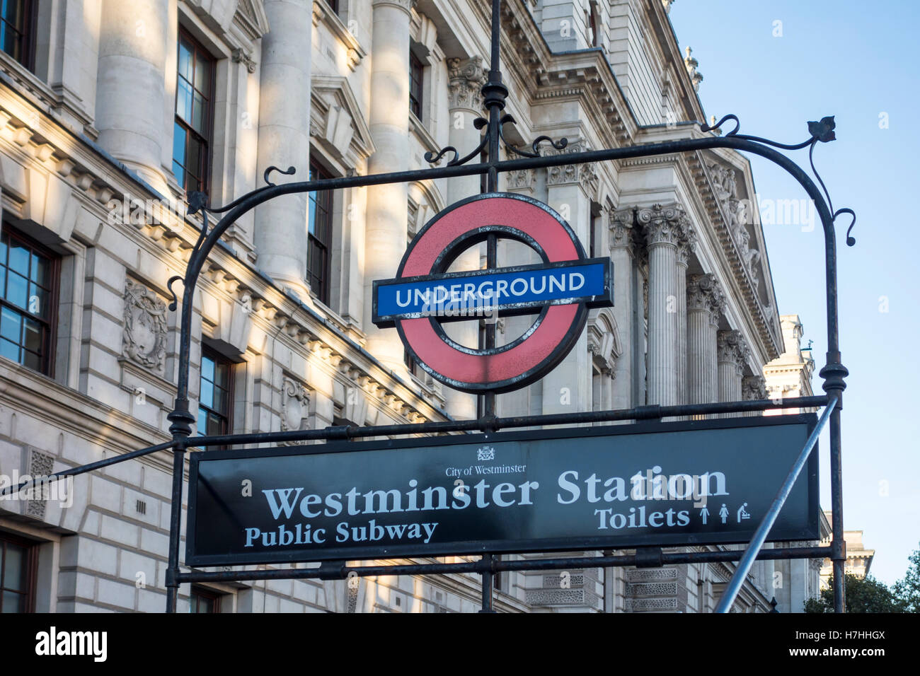 Westminster Station London Underground sign, Whitehall, London, UK Stock Photo