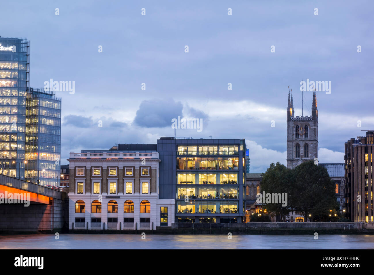 River Thames southbank skyline next to London Bridge Stock Photo