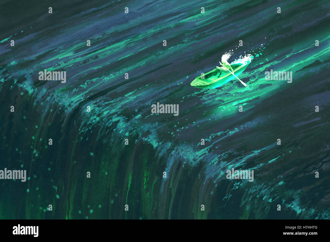 man rowing in glowing green boat near edge of waterfall,illustration painting Stock Photo