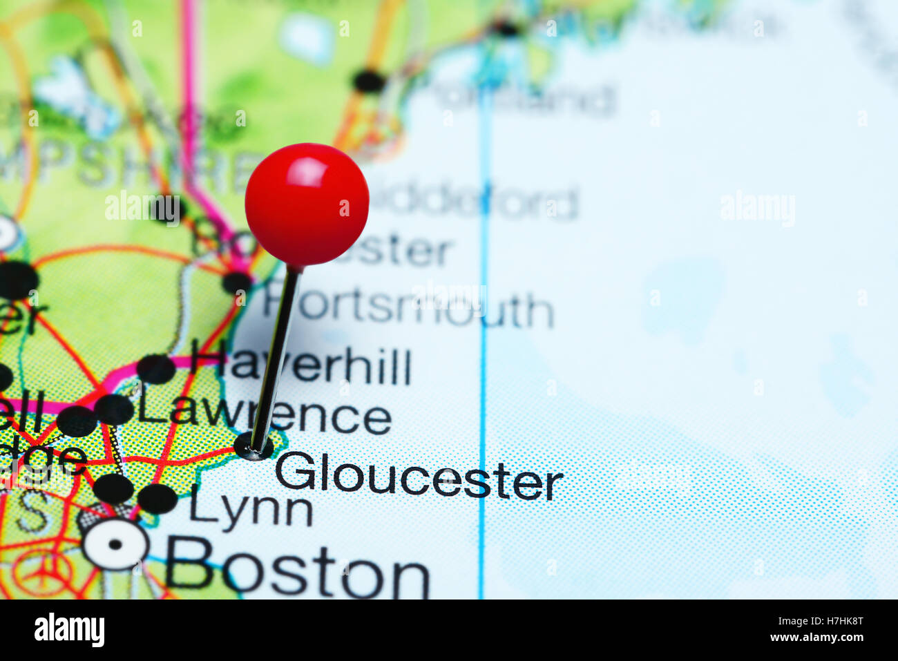 Gloucester pinned on a map of Massachusetts, USA Stock Photo