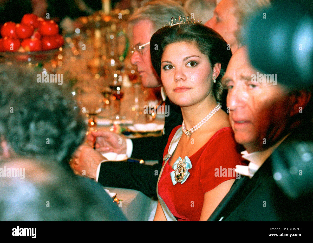Swedish CROWN PRINCESS VICTORIA at Nobel banquet  at the dinner table in Stockholm City hall 1995 Stock Photo