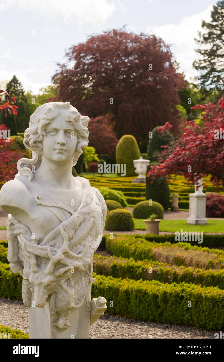 Diana the Hunter statue in the formal terraced gardens of Drummond
