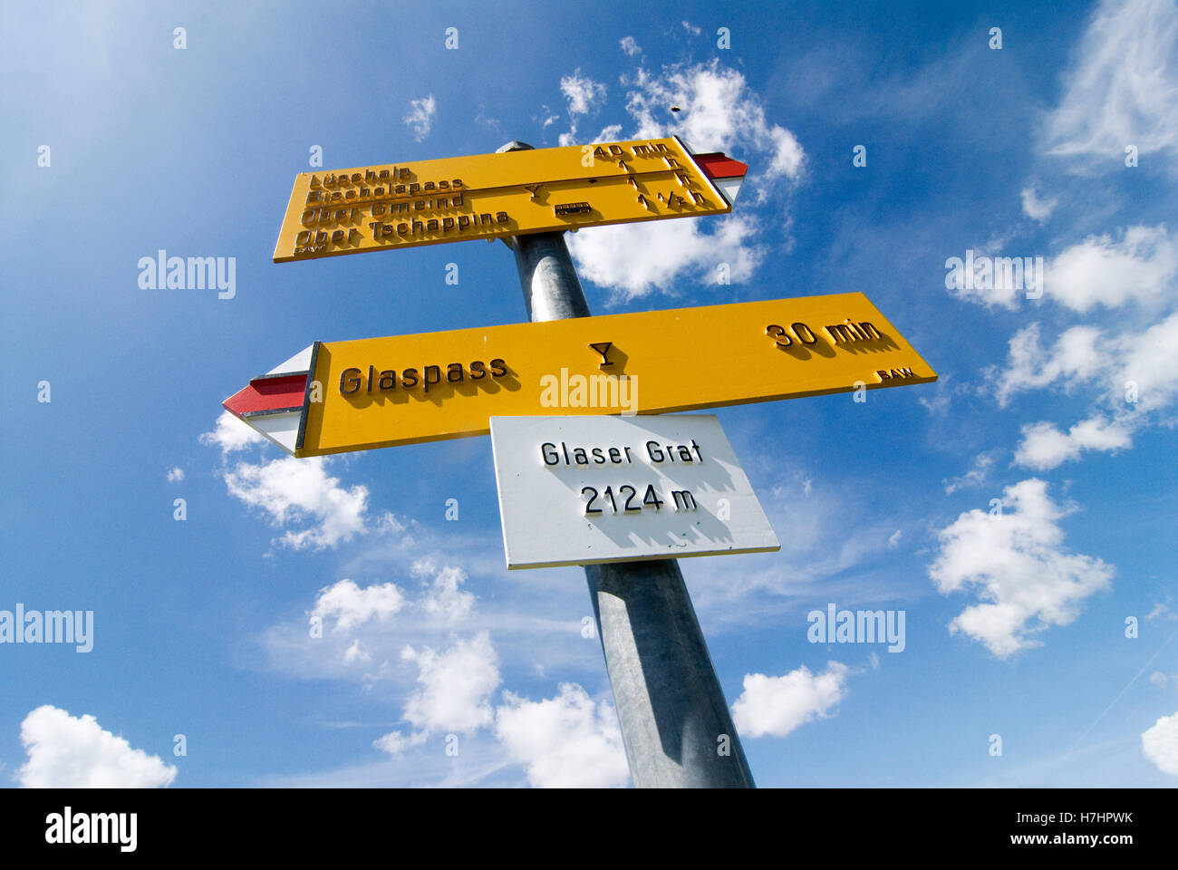Signpost for hikers on Glaser Grat ridge in the canton of Grisons, Switzerland, Europe Stock Photo