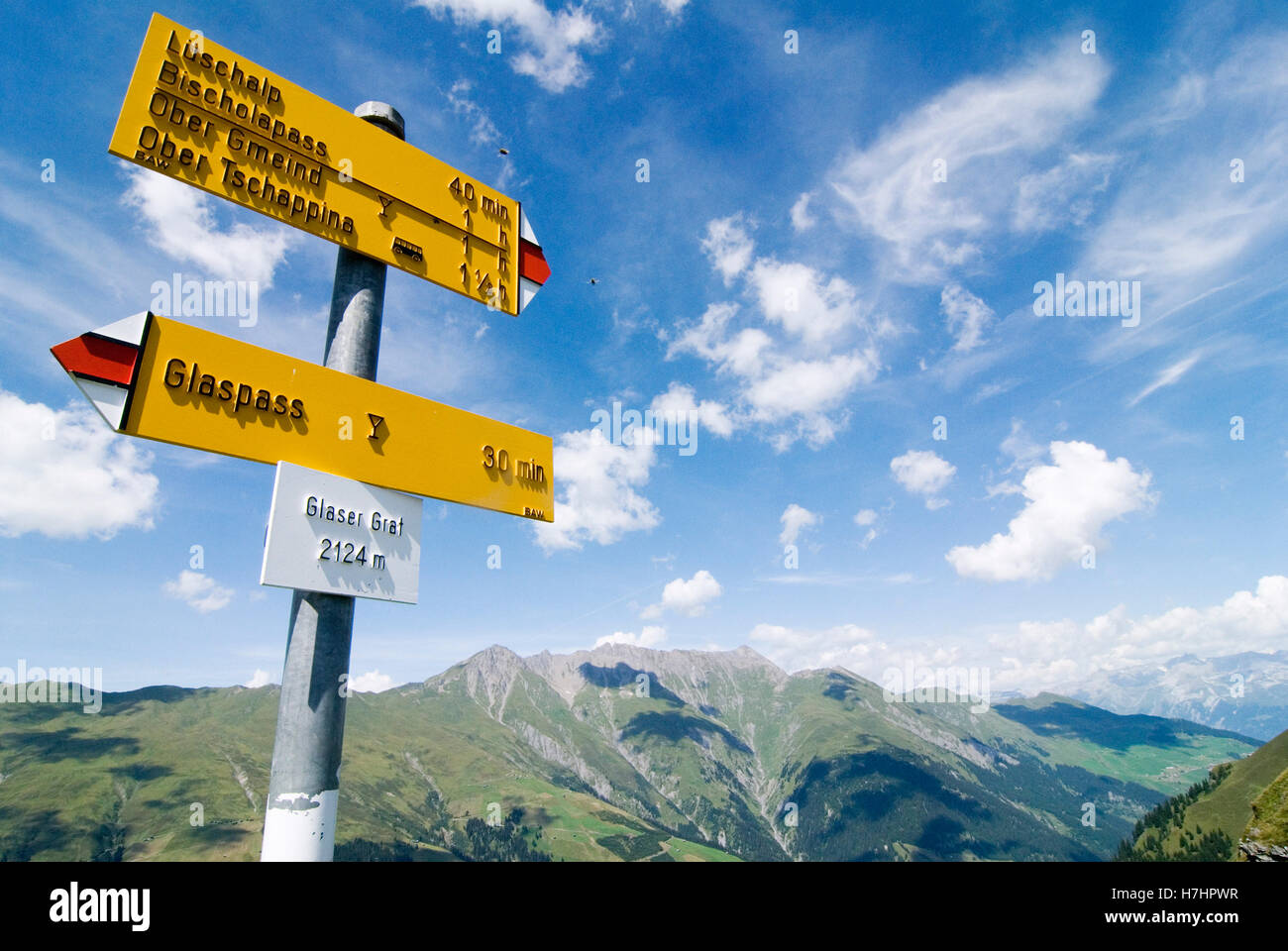 Signpost for hikers on Glaser Grat ridge in the canton of Grisons, Switzerland, Europe Stock Photo